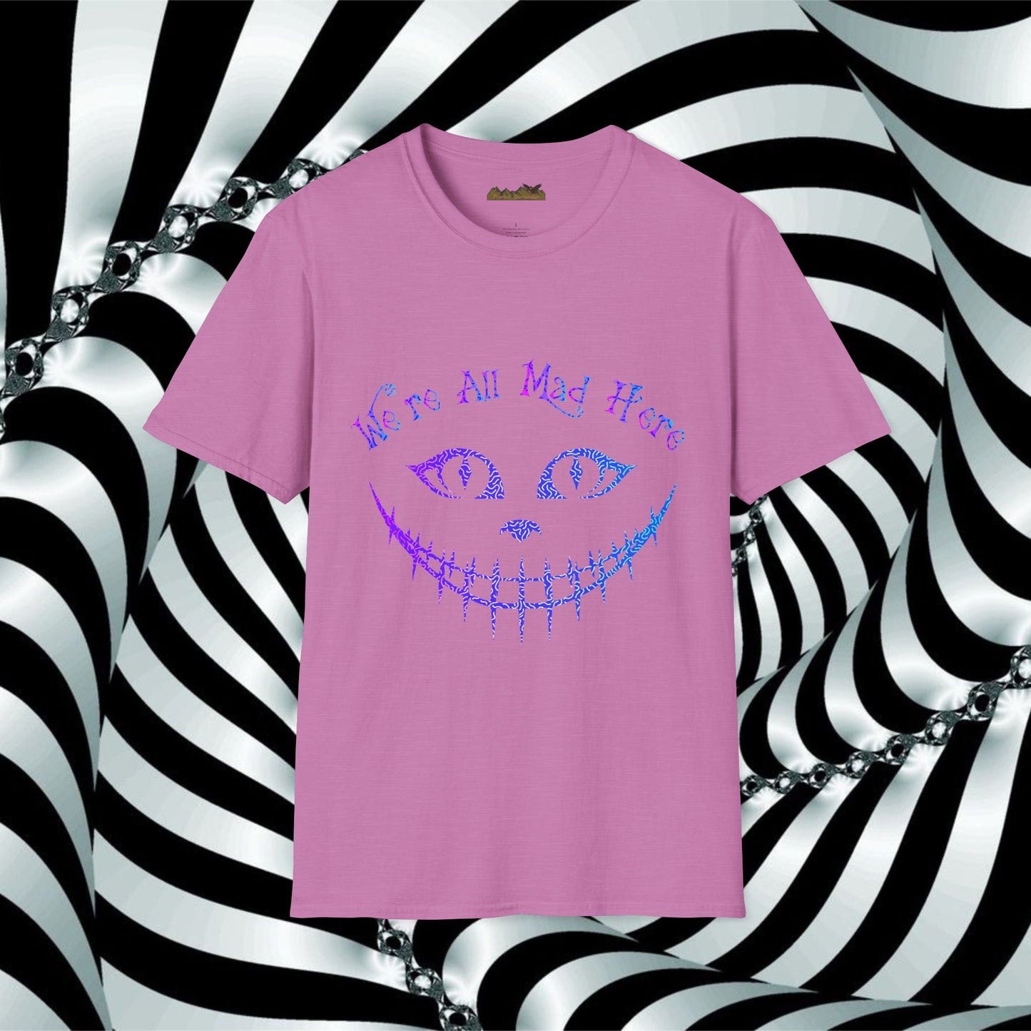 "We're All Mad Here" (Purple/Blue) Cheshire Cat Design - Unisex Softstyle T-Shirt