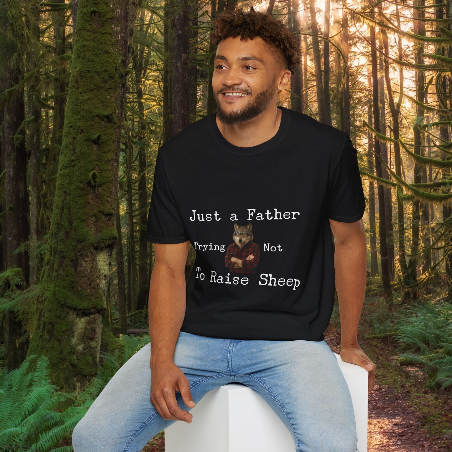 "Just a Father Trying Not to Raise Sheep" - Unisex Softstyle T-Shirt, Funny Dad Gift