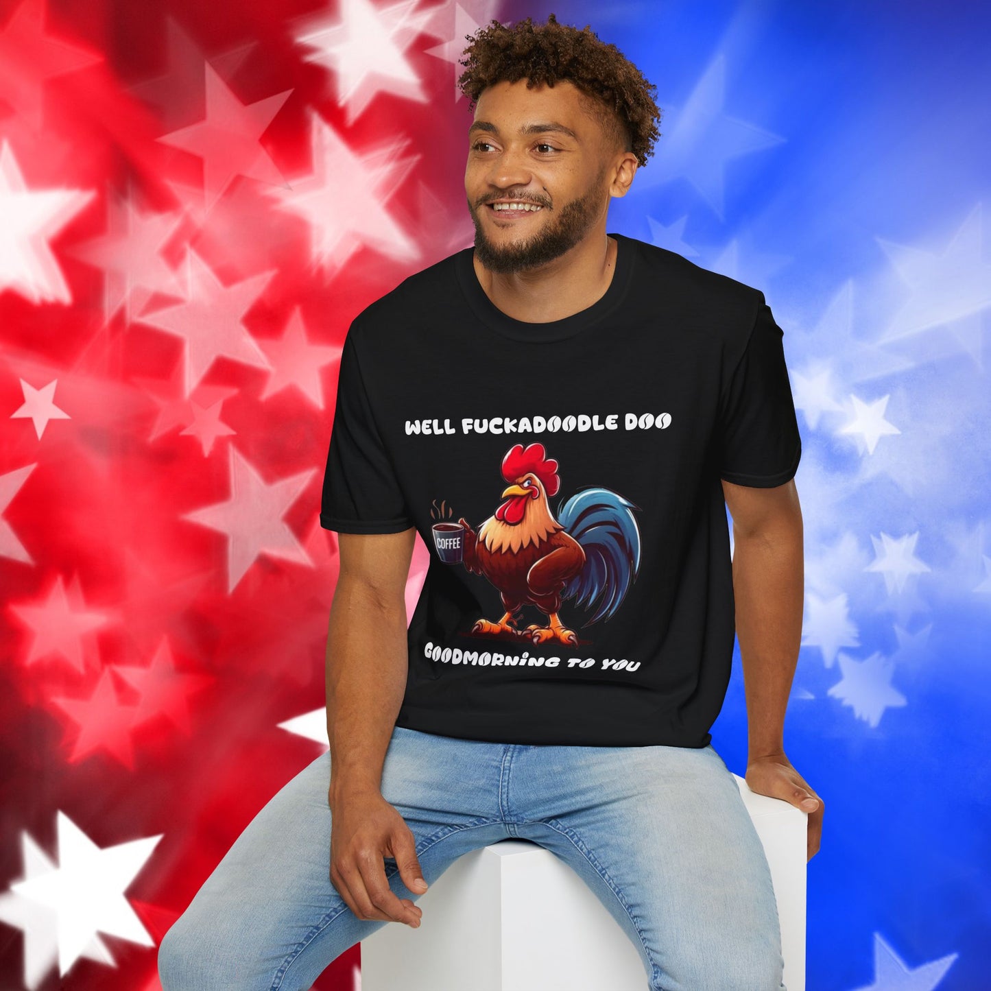 Funny Rooster Coffee Lover Unisex Softstyle T-Shirt - "Well Fuckadoodle Doo Goodmorning to You"