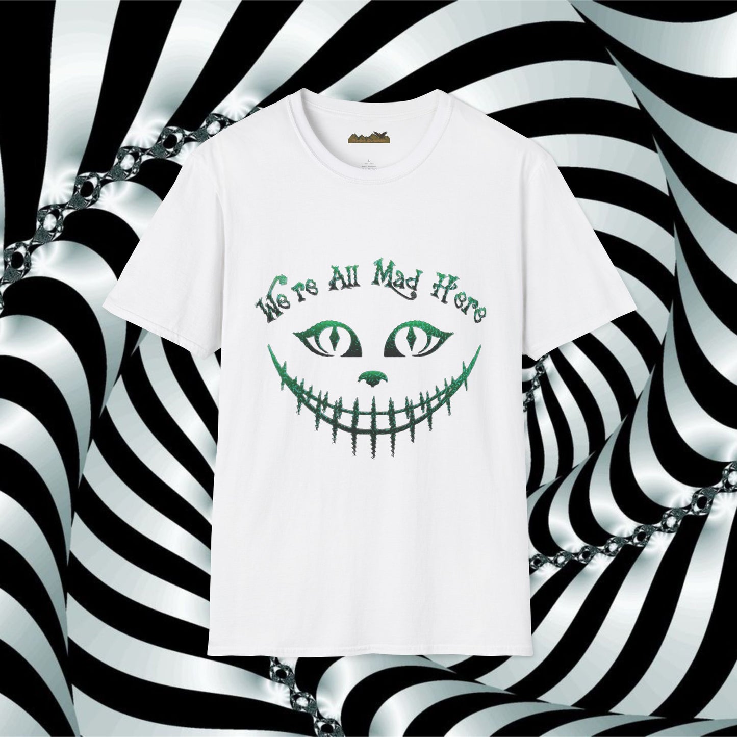 We're All Mad Here (Green) Unisex Softstyle T-Shirt - Whimsical Graphic Tee for Fans of Fantasy and Fun