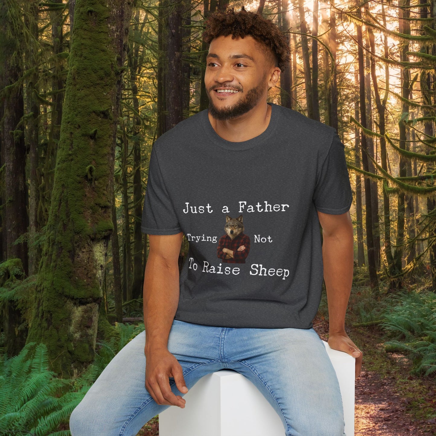 "Just a Father Trying Not to Raise Sheep" - Unisex Softstyle T-Shirt, Funny Dad Gift