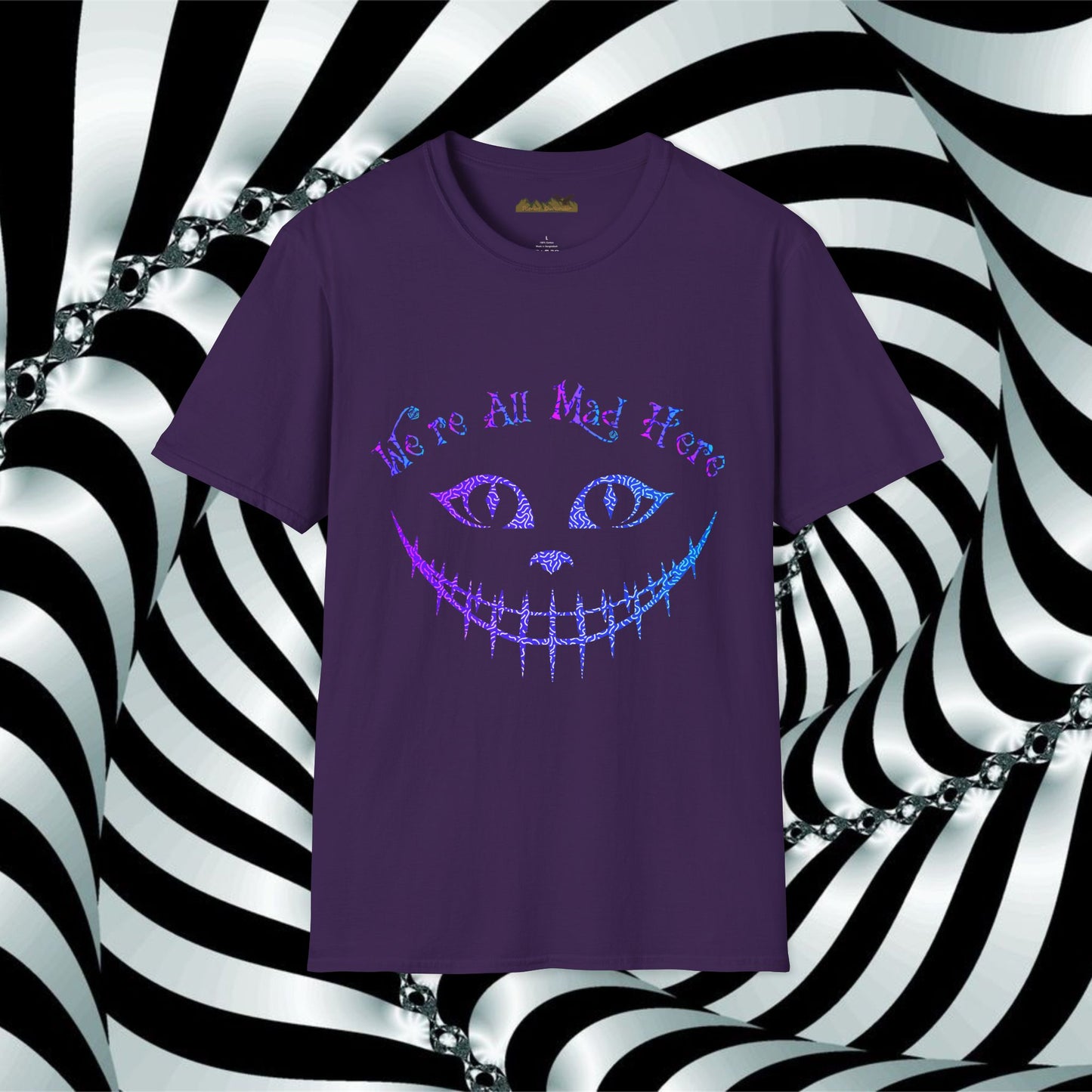 "We're All Mad Here" (Purple/Blue) Cheshire Cat Design - Unisex Softstyle T-Shirt