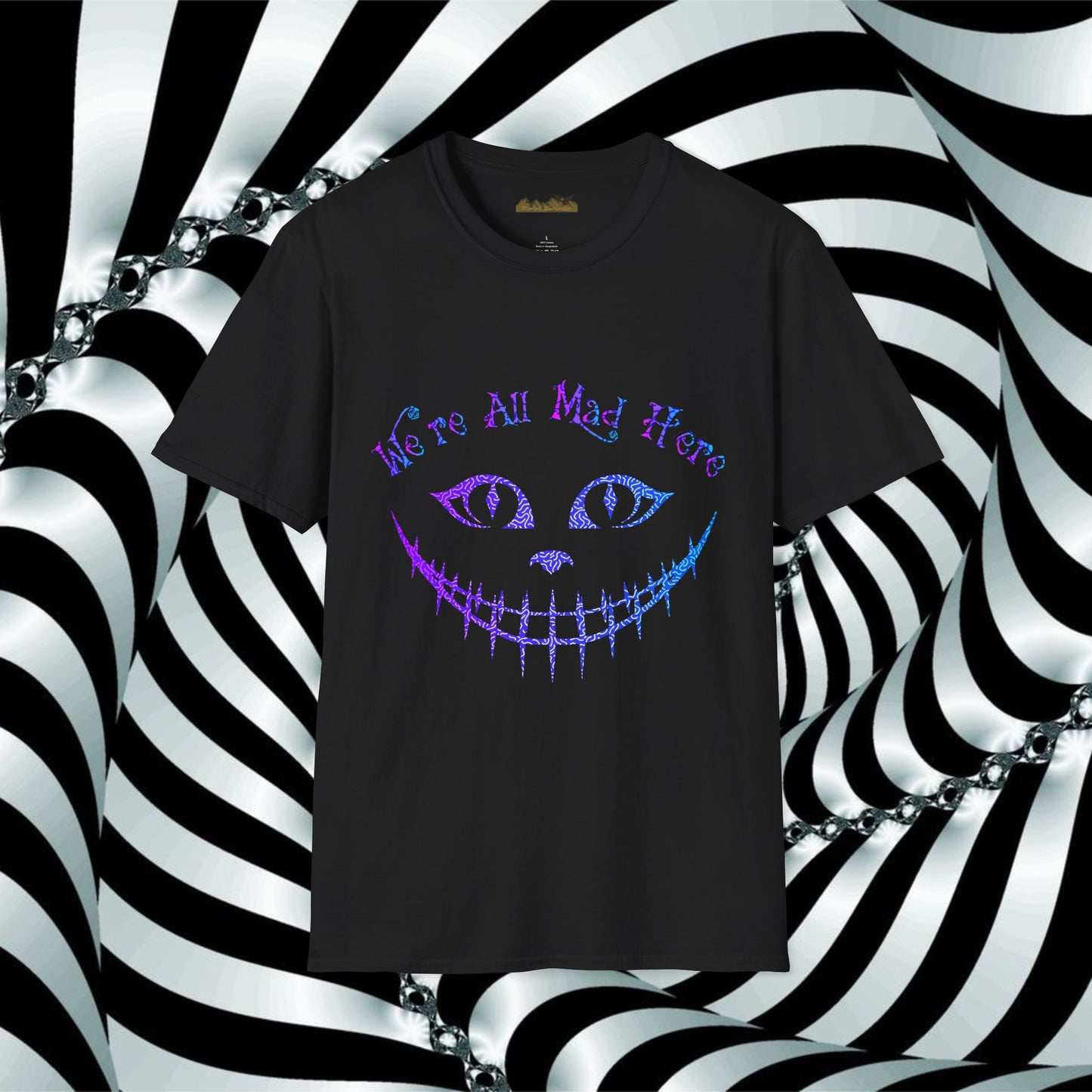 "We're All Mad Here" (Purple/Blue) Cheshire Cat Design - Unisex Softstyle T-Shirt