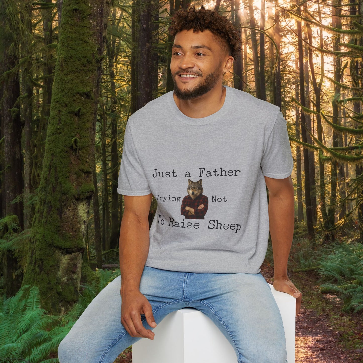 "Just a Father Trying Not to Raise Sheep" - Unisex Softstyle T-Shirt, Funny Dad Gift