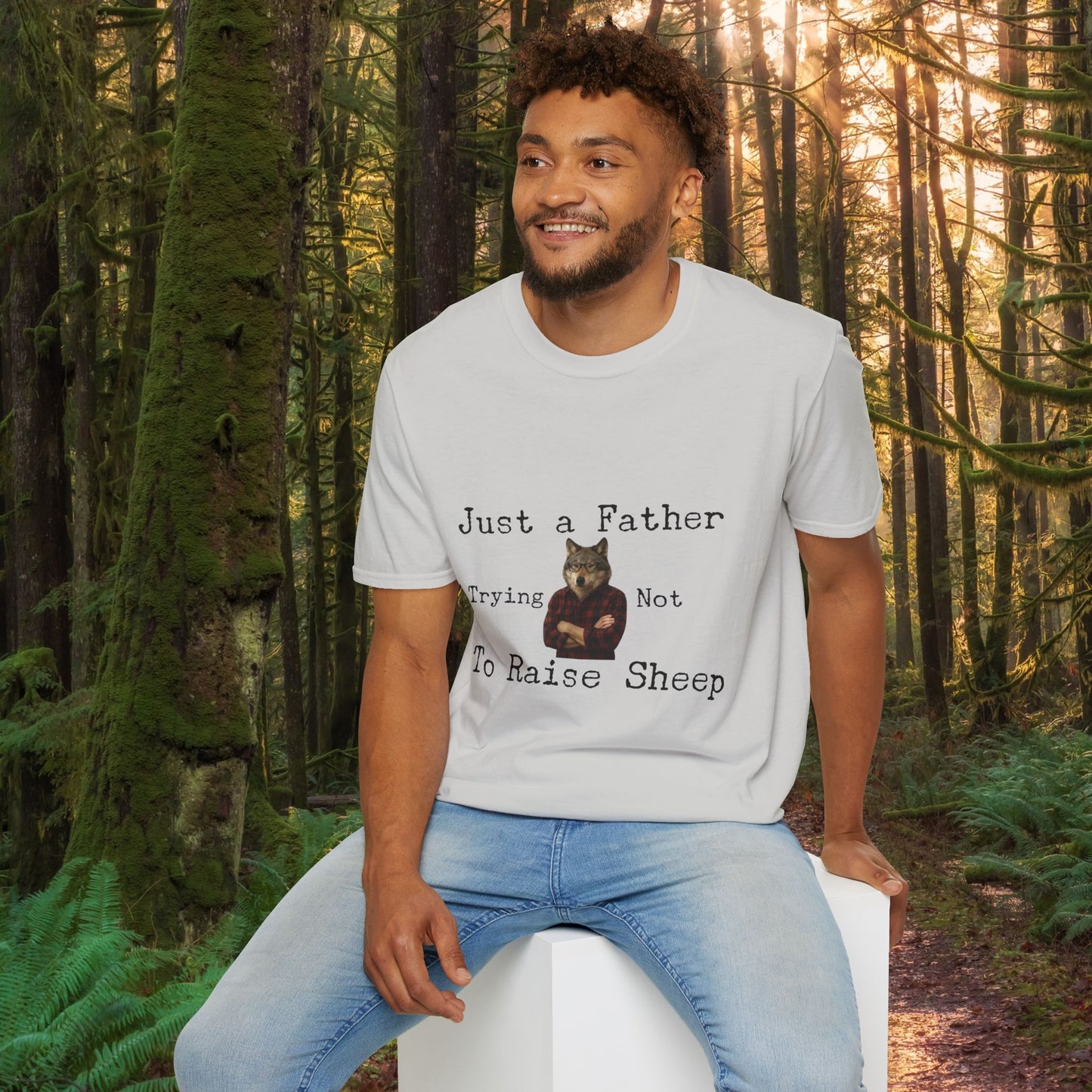 "Just a Father Trying Not to Raise Sheep" - Unisex Softstyle T-Shirt, Funny Dad Gift