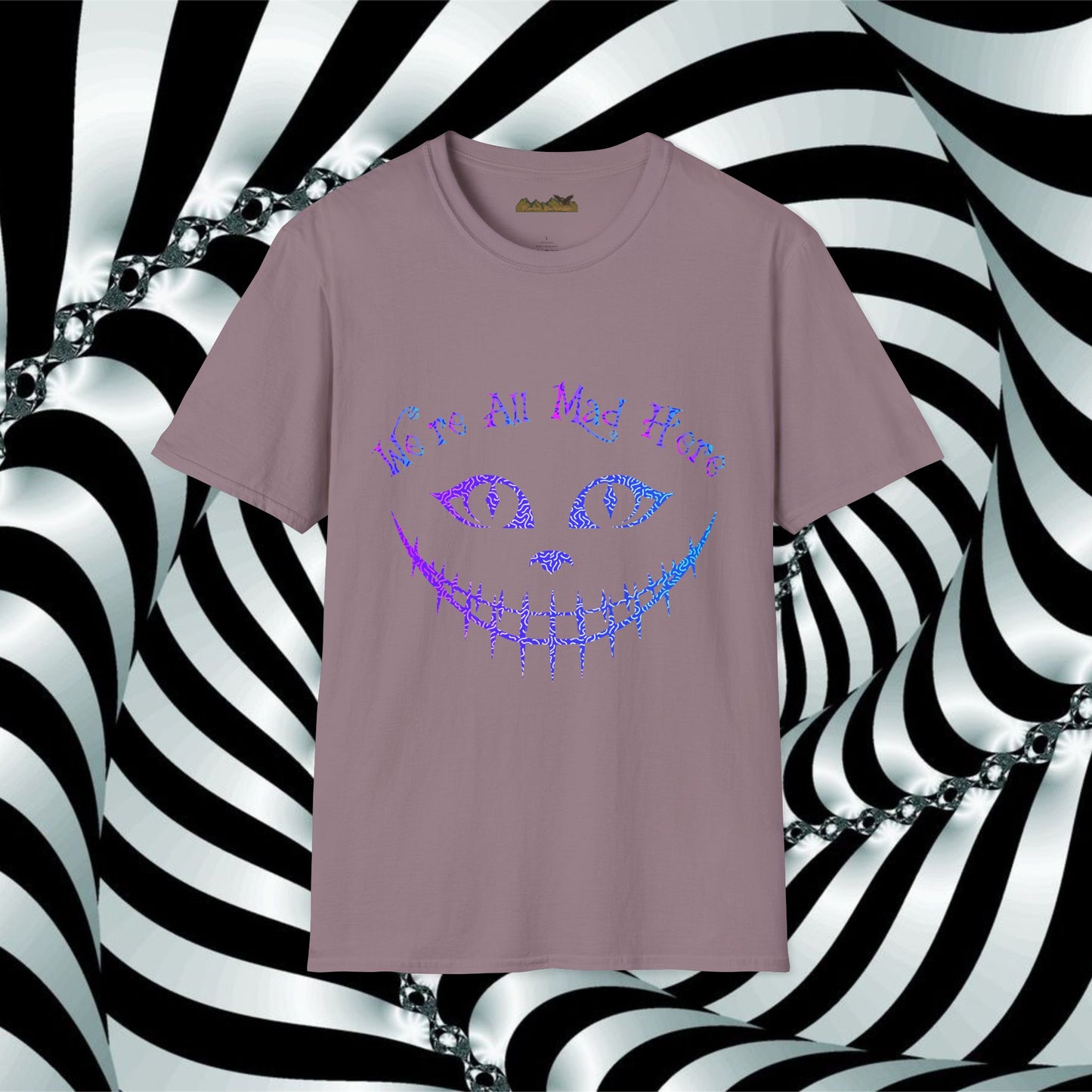 "We're All Mad Here" (Purple/Blue) Cheshire Cat Design - Unisex Softstyle T-Shirt