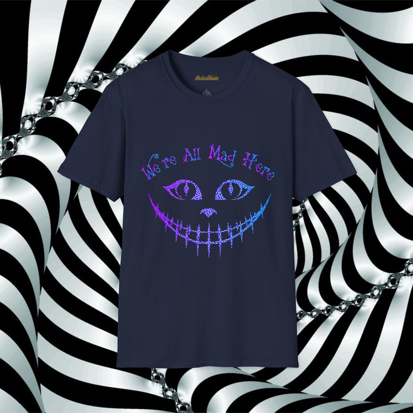 "We're All Mad Here" (Purple/Blue) Cheshire Cat Design - Unisex Softstyle T-Shirt