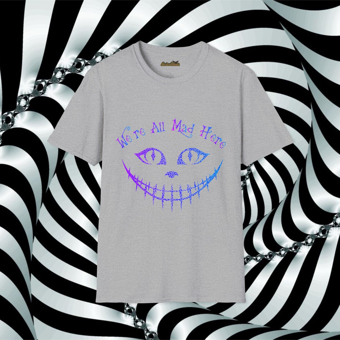"We're All Mad Here" (Purple/Blue) Cheshire Cat Design - Unisex Softstyle T-Shirt