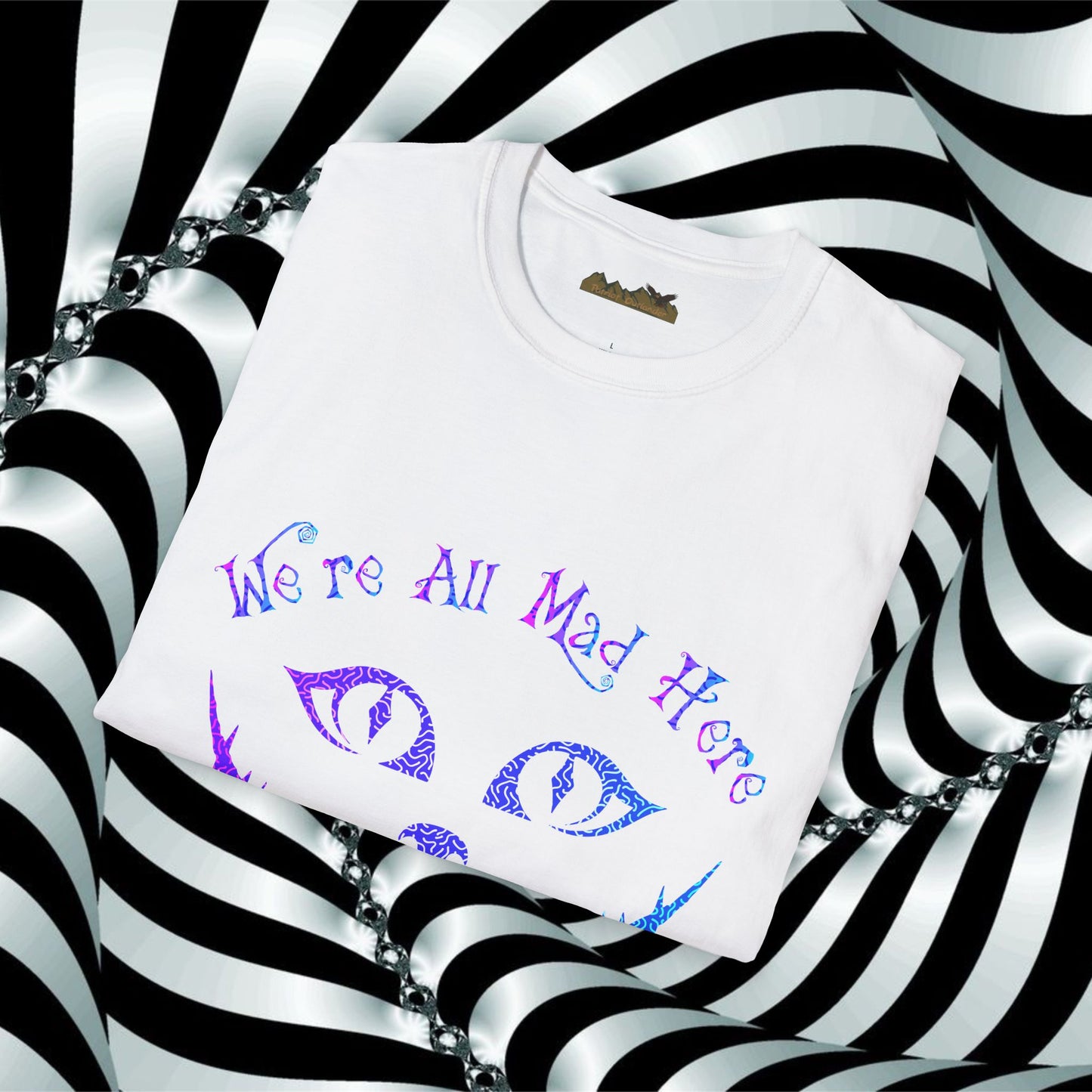 "We're All Mad Here" (Purple/Blue) Cheshire Cat Design - Unisex Softstyle T-Shirt