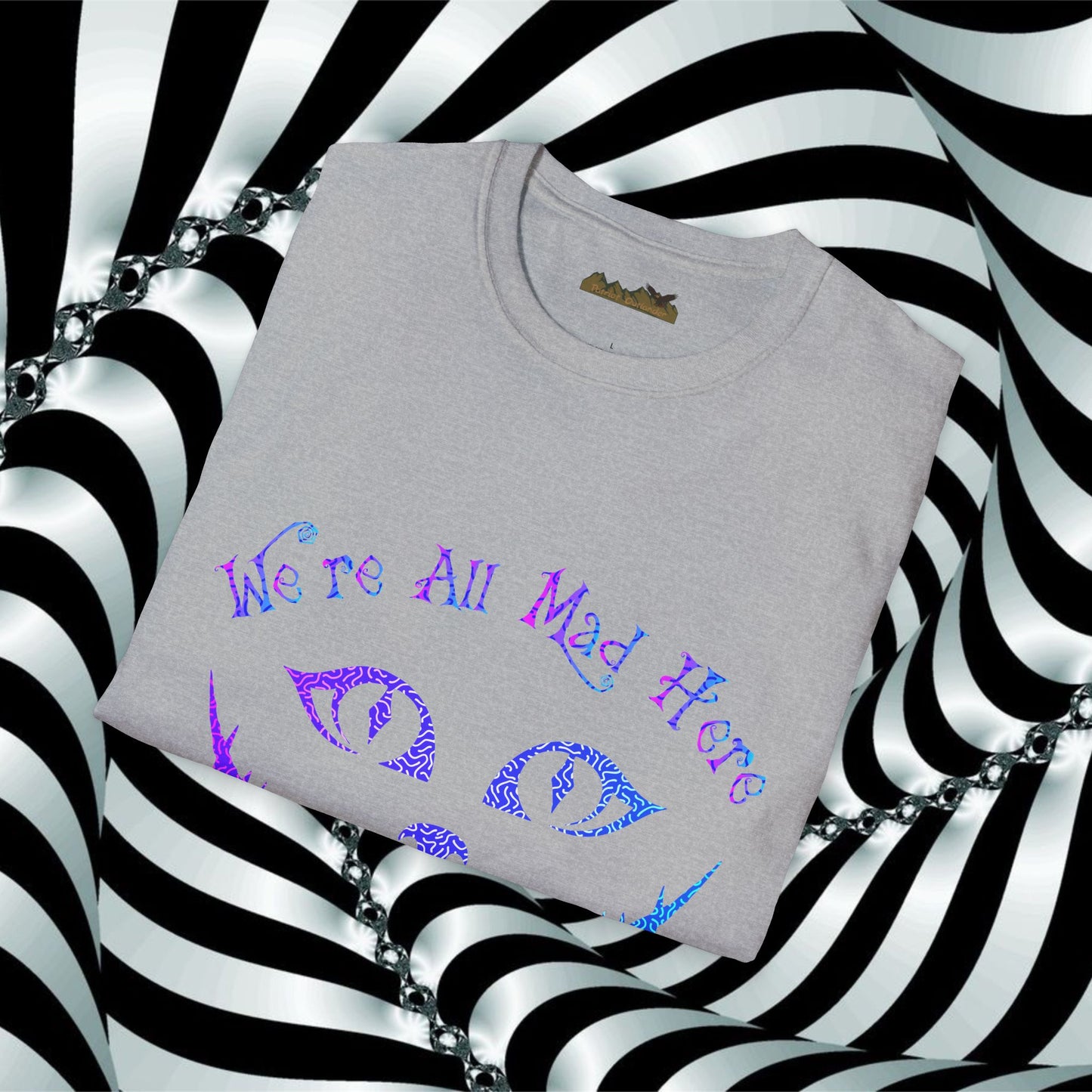 "We're All Mad Here" (Purple/Blue) Cheshire Cat Design - Unisex Softstyle T-Shirt
