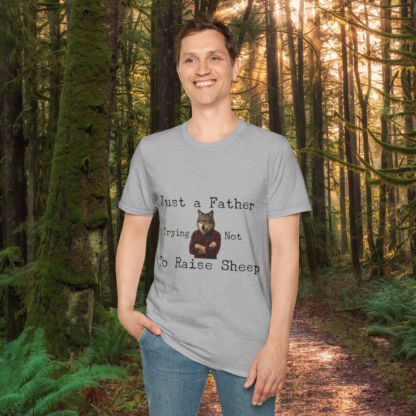"Just a Father Trying Not to Raise Sheep" - Unisex Softstyle T-Shirt, Funny Dad Gift