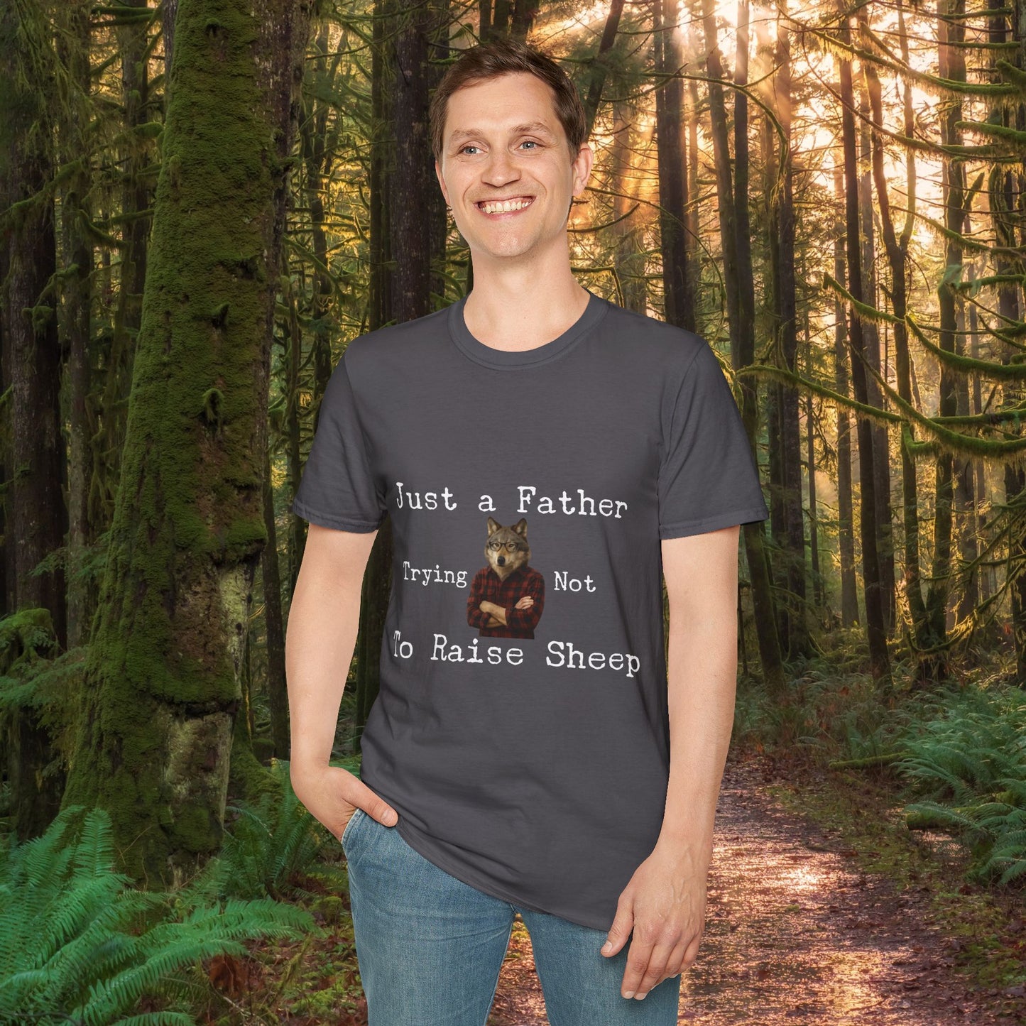 "Just a Father Trying Not to Raise Sheep" - Unisex Softstyle T-Shirt, Funny Dad Gift