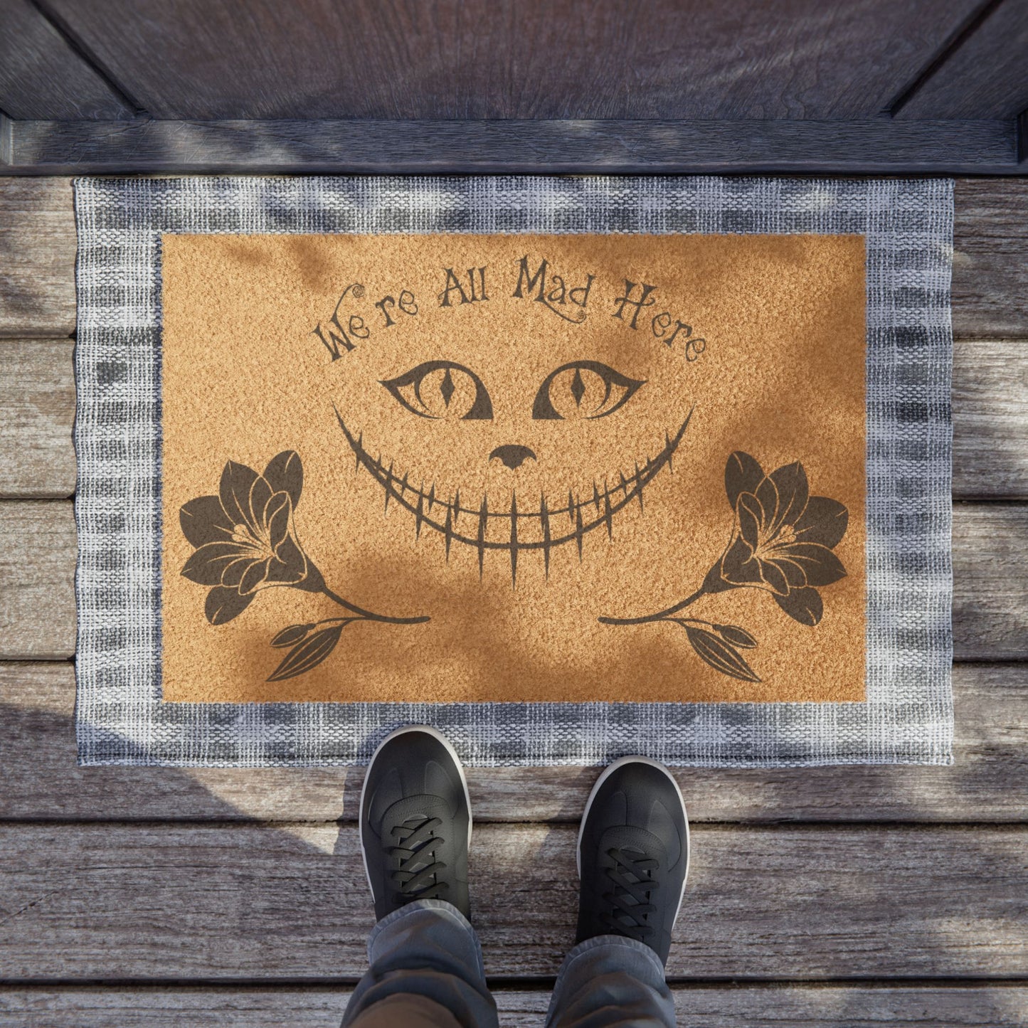 "We're All Mad Here" - Whimsical Cat Welcome Doormat