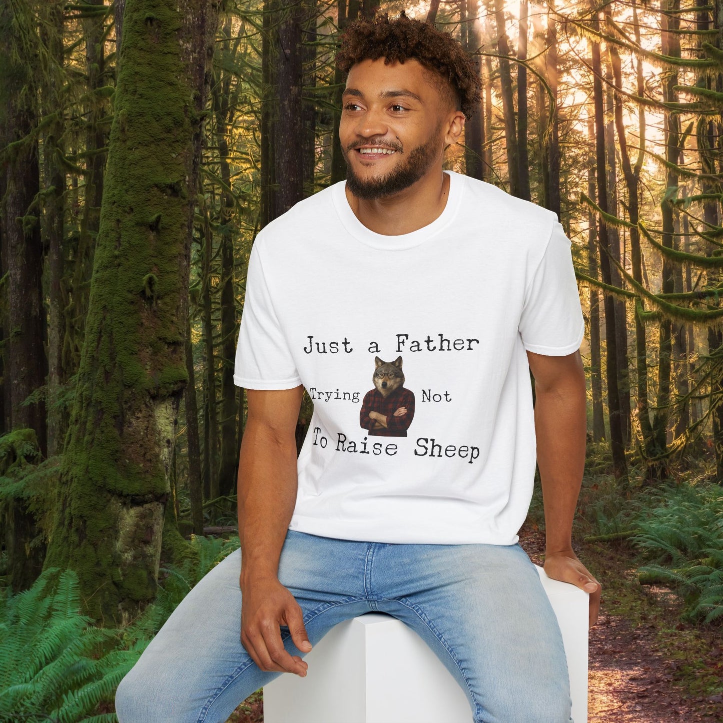 "Just a Father Trying Not to Raise Sheep" - Unisex Softstyle T-Shirt, Funny Dad Gift