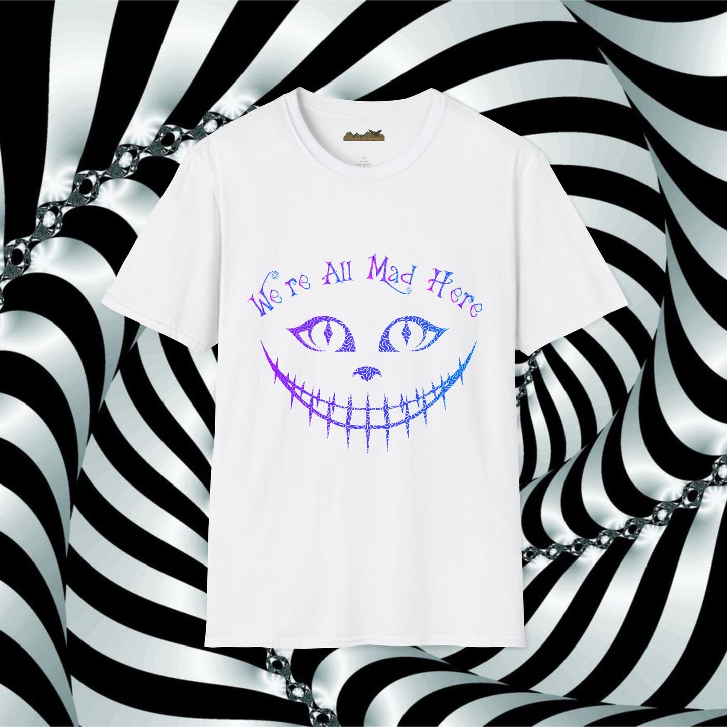 "We're All Mad Here" (Purple/Blue) Cheshire Cat Design - Unisex Softstyle T-Shirt