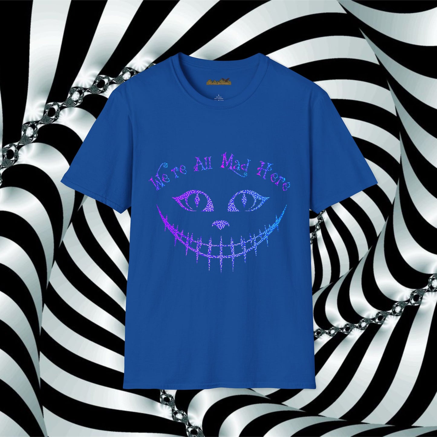 "We're All Mad Here" (Purple/Blue) Cheshire Cat Design - Unisex Softstyle T-Shirt