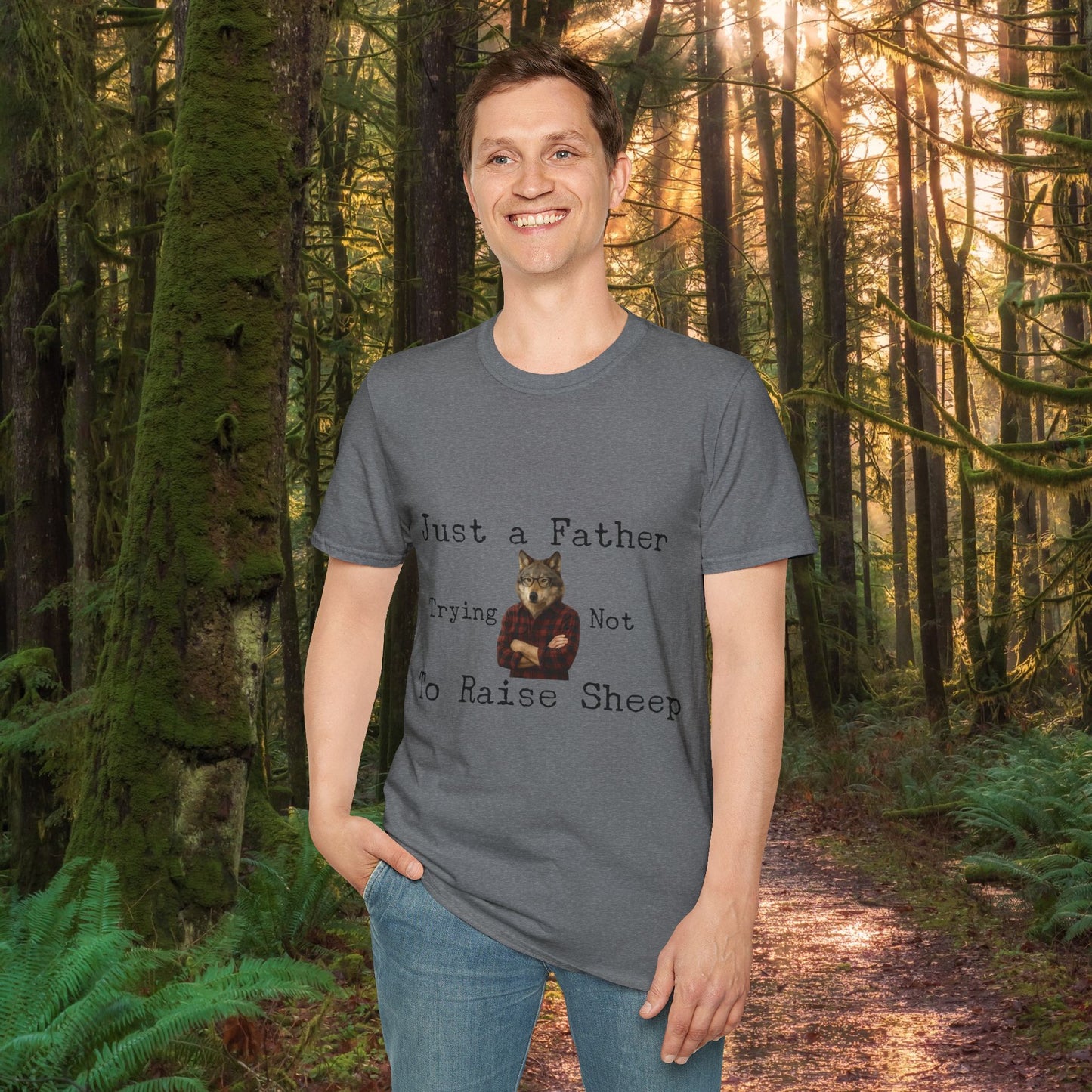 "Just a Father Trying Not to Raise Sheep" - Unisex Softstyle T-Shirt, Funny Dad Gift