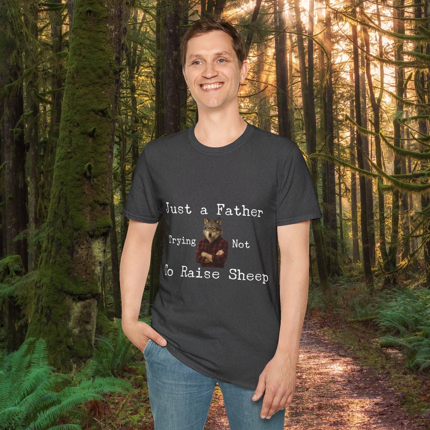 "Just a Father Trying Not to Raise Sheep" - Unisex Softstyle T-Shirt, Funny Dad Gift