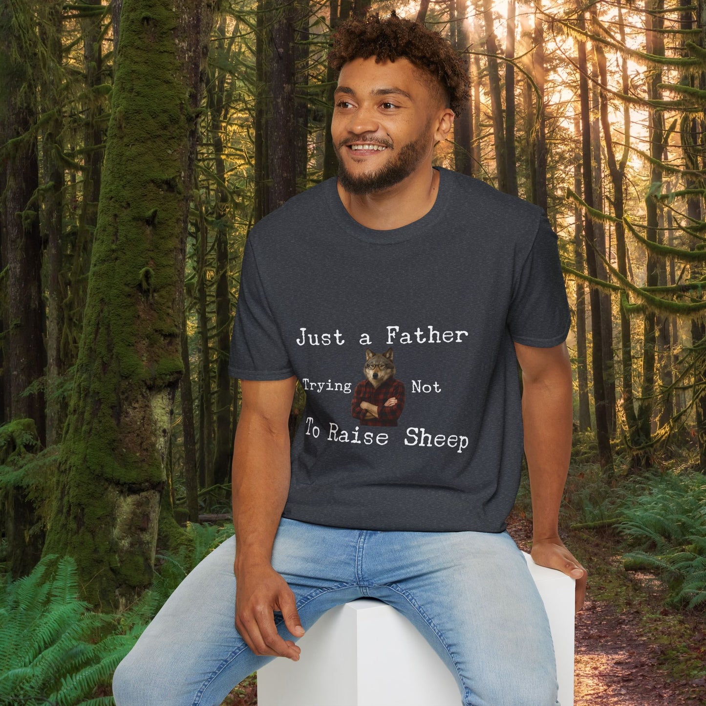 "Just a Father Trying Not to Raise Sheep" - Unisex Softstyle T-Shirt, Funny Dad Gift