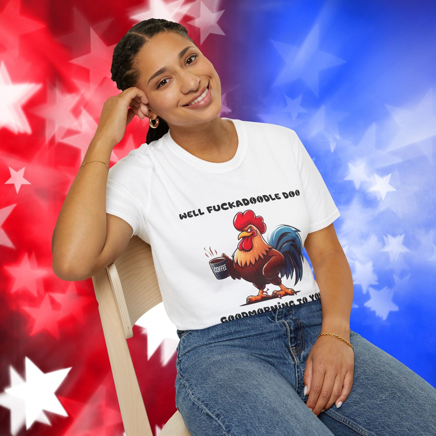Funny Rooster Coffee Lover Unisex Softstyle T-Shirt - "Well Fuckadoodle Doo Goodmorning to You"