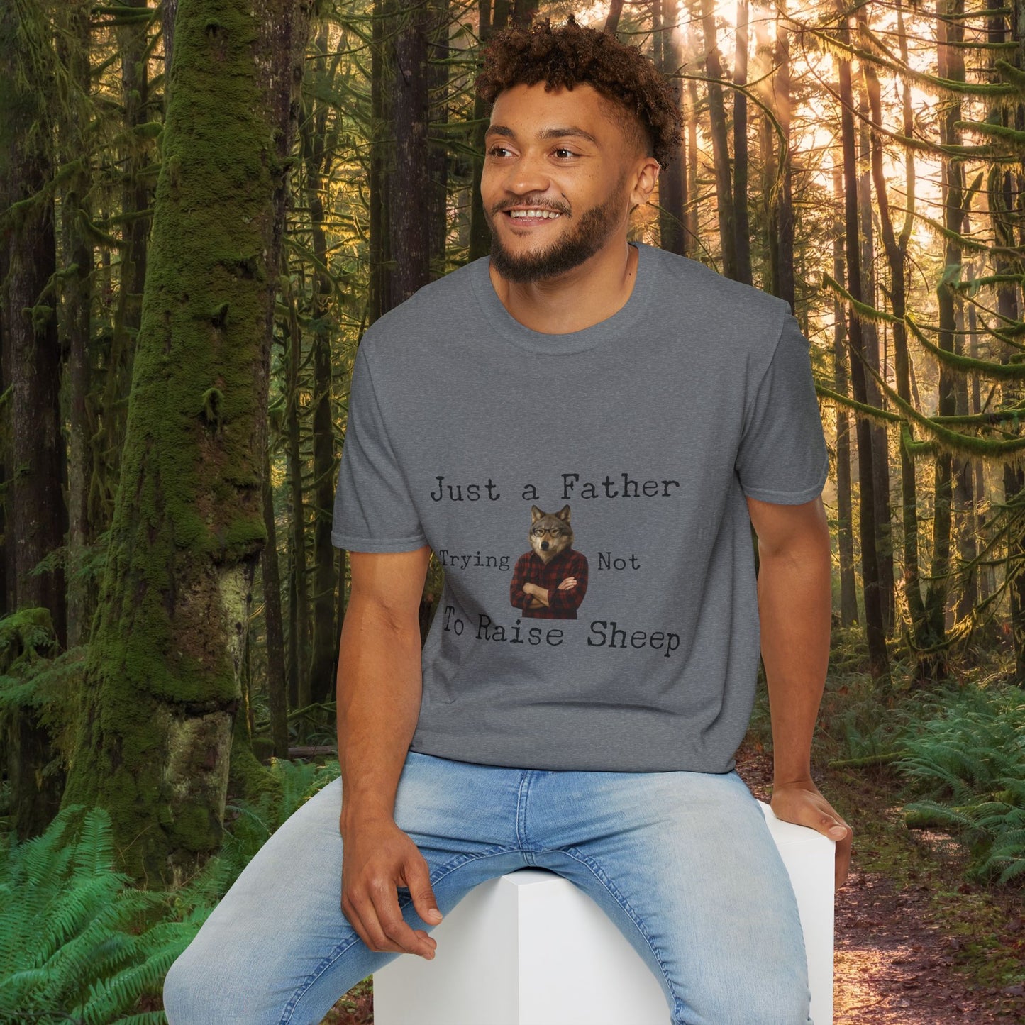 "Just a Father Trying Not to Raise Sheep" - Unisex Softstyle T-Shirt, Funny Dad Gift