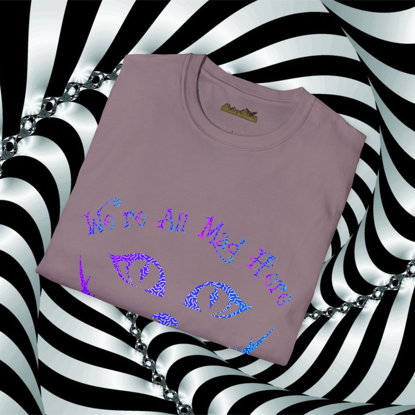 "We're All Mad Here" (Purple/Blue) Cheshire Cat Design - Unisex Softstyle T-Shirt