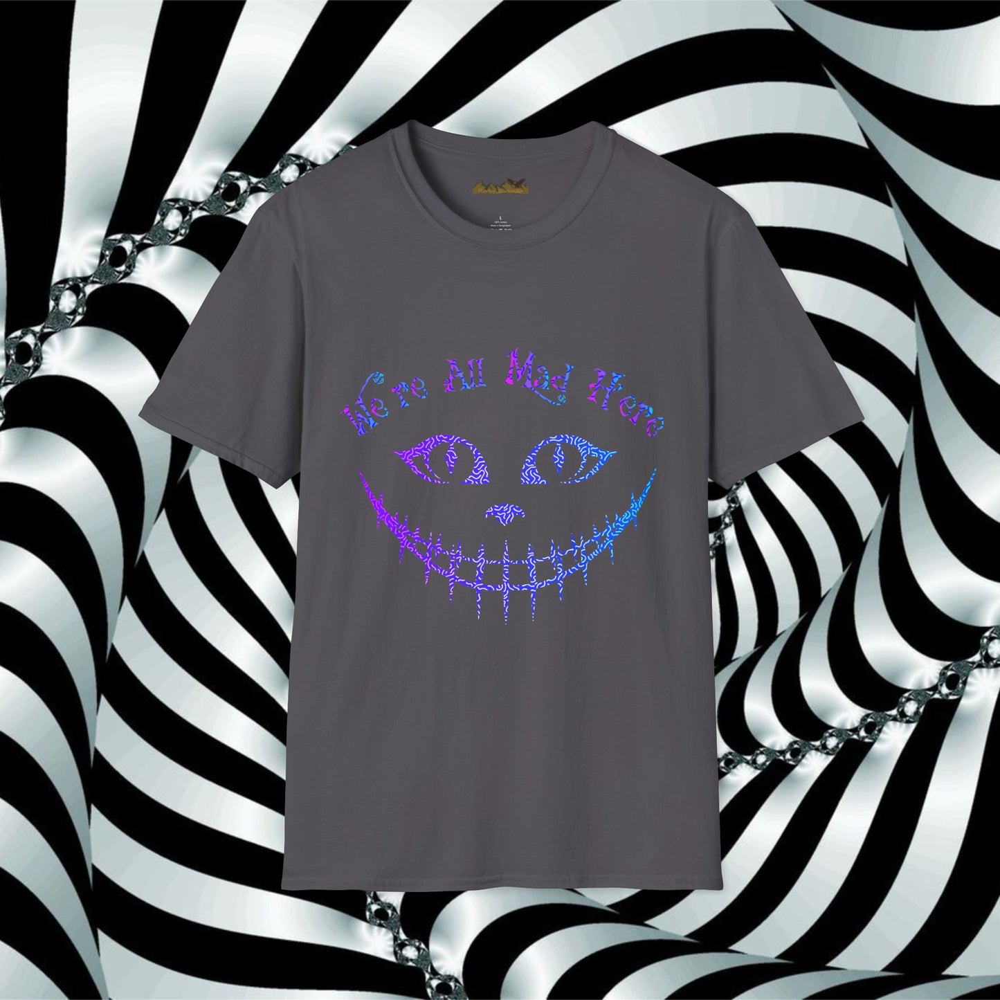 "We're All Mad Here" (Purple/Blue) Cheshire Cat Design - Unisex Softstyle T-Shirt