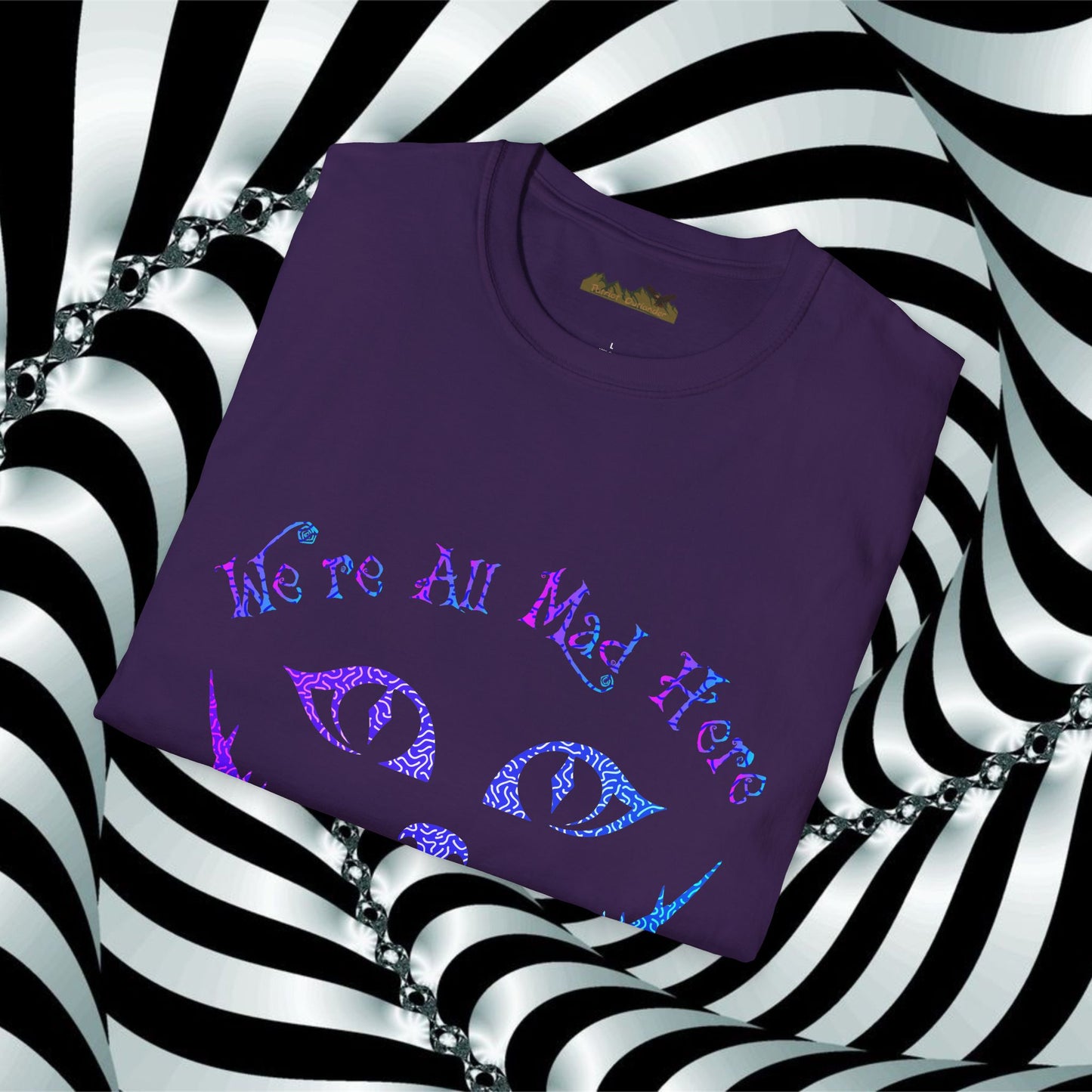 "We're All Mad Here" (Purple/Blue) Cheshire Cat Design - Unisex Softstyle T-Shirt