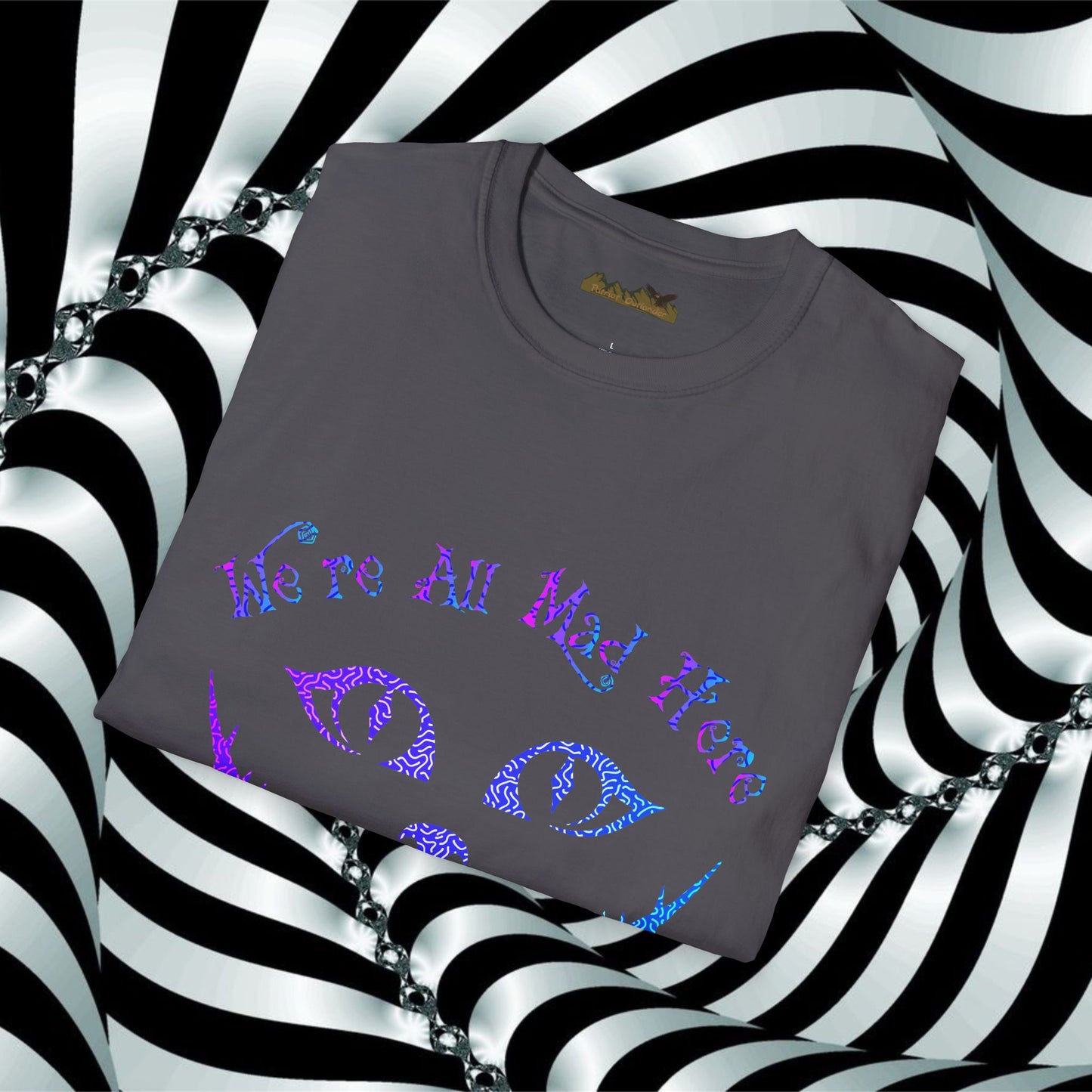 "We're All Mad Here" (Purple/Blue) Cheshire Cat Design - Unisex Softstyle T-Shirt