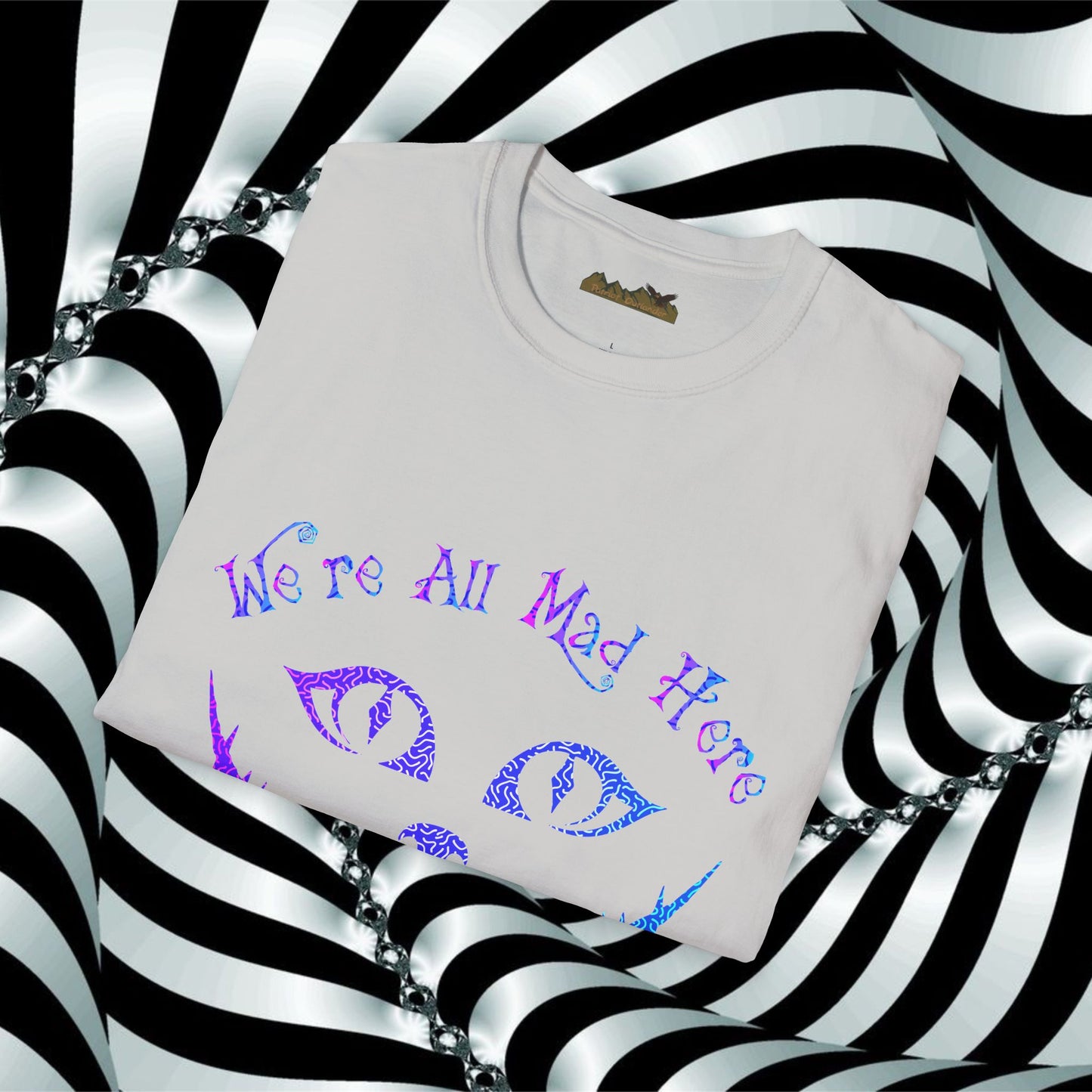 "We're All Mad Here" (Purple/Blue) Cheshire Cat Design - Unisex Softstyle T-Shirt