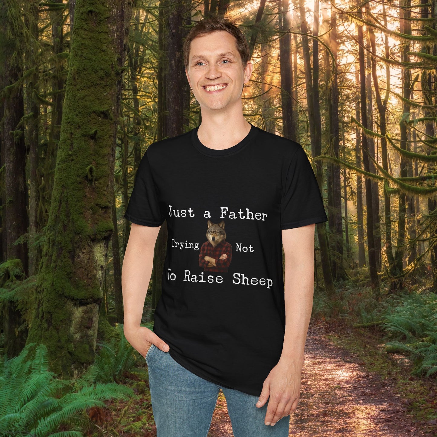 "Just a Father Trying Not to Raise Sheep" - Unisex Softstyle T-Shirt, Funny Dad Gift