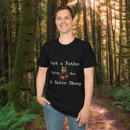 "Just a Father Trying Not to Raise Sheep" - Unisex Softstyle T-Shirt, Funny Dad Gift
