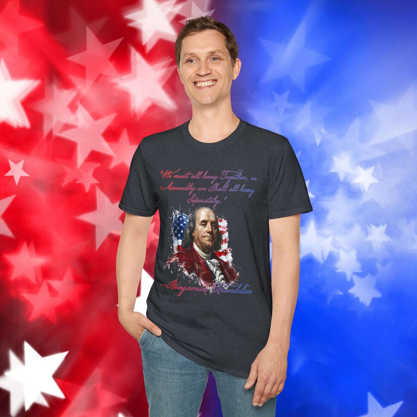Benjamin Franklin Style 1 - Independence Day - Softstyle Unisex T-Shirt