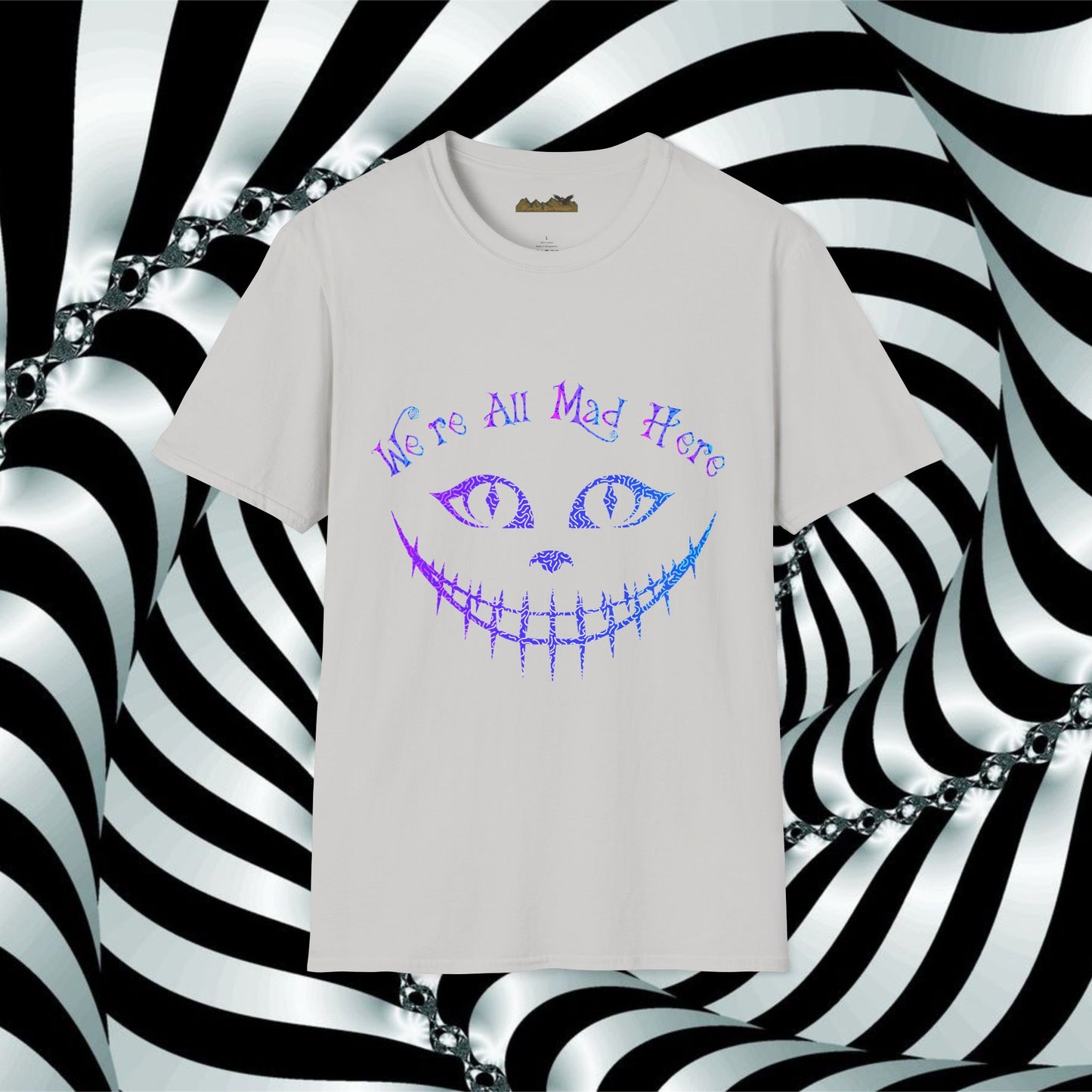 "We're All Mad Here" (Purple/Blue) Cheshire Cat Design - Unisex Softstyle T-Shirt