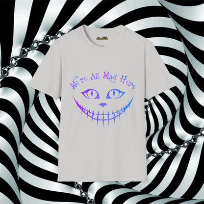 "We're All Mad Here" (Purple/Blue) Cheshire Cat Design - Unisex Softstyle T-Shirt
