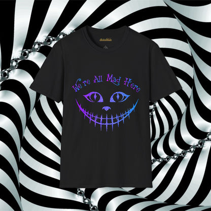 "We're All Mad Here" (Purple/Blue) Cheshire Cat Design - Unisex Softstyle T-Shirt