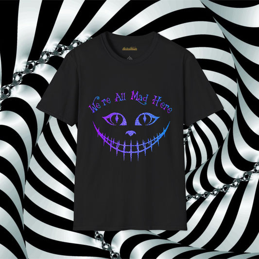 "We're All Mad Here" (Purple/Blue) Cheshire Cat Design - Unisex Softstyle T-Shirt