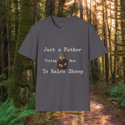 "Just a Father Trying Not to Raise Sheep" - Unisex Softstyle T-Shirt, Funny Dad Gift
