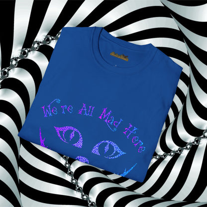 "We're All Mad Here" (Purple/Blue) Cheshire Cat Design - Unisex Softstyle T-Shirt