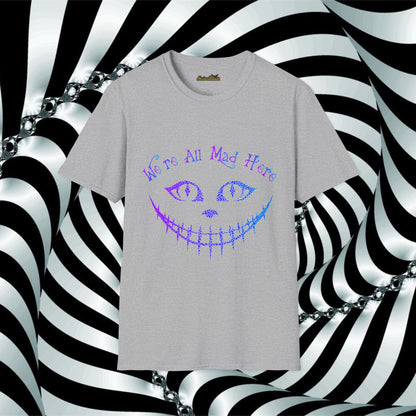"We're All Mad Here" (Purple/Blue) Cheshire Cat Design - Unisex Softstyle T-Shirt