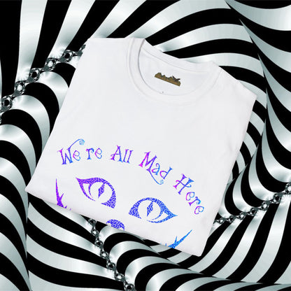 "We're All Mad Here" (Purple/Blue) Cheshire Cat Design - Unisex Softstyle T-Shirt