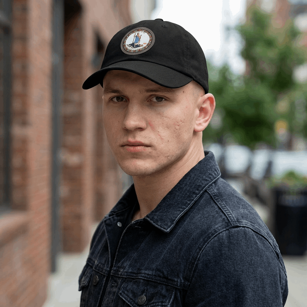 Man wearing a black cap with a tyrant logo outdoors