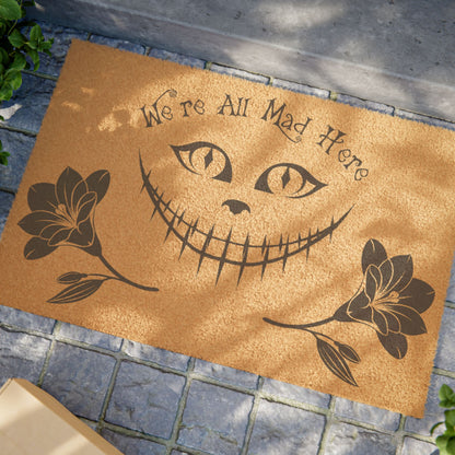"We're All Mad Here" - Whimsical Cat Welcome Doormat