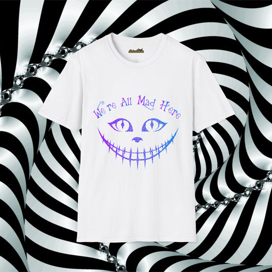 "We're All Mad Here" (Purple/Blue) Cheshire Cat Design - Unisex Softstyle T-Shirt