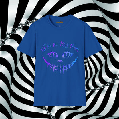 "We're All Mad Here" (Purple/Blue) Cheshire Cat Design - Unisex Softstyle T-Shirt