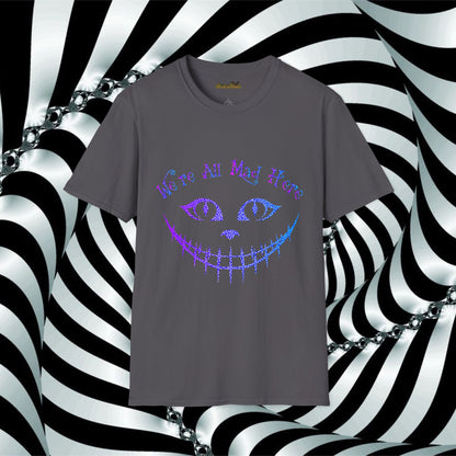 "We're All Mad Here" (Purple/Blue) Cheshire Cat Design - Unisex Softstyle T-Shirt