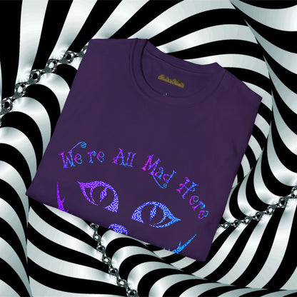 "We're All Mad Here" (Purple/Blue) Cheshire Cat Design - Unisex Softstyle T-Shirt