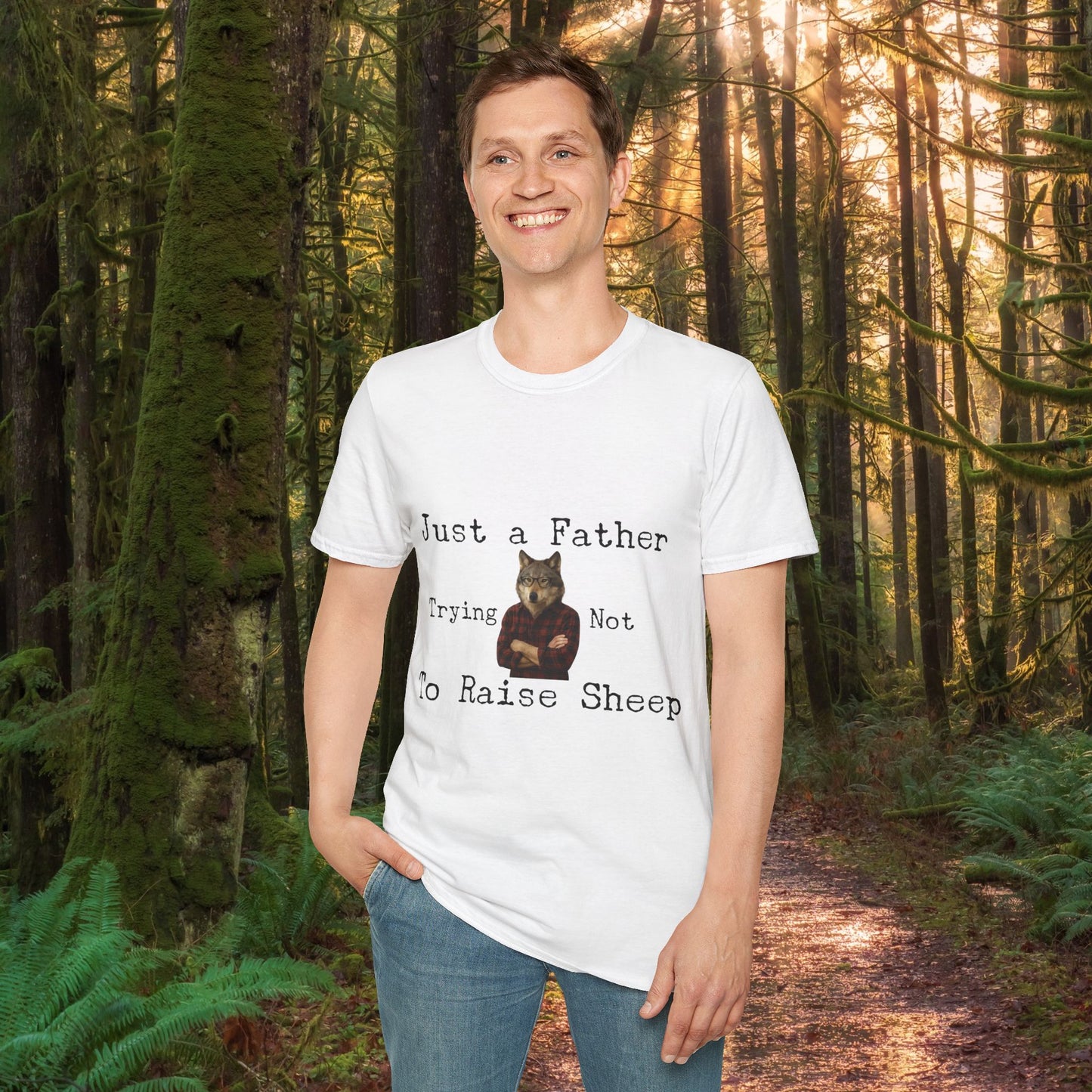 "Just a Father Trying Not to Raise Sheep" - Unisex Softstyle T-Shirt, Funny Dad Gift