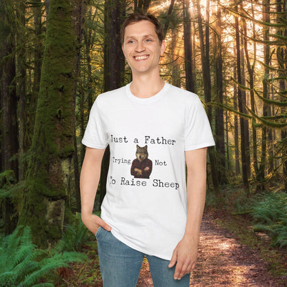 "Just a Father Trying Not to Raise Sheep" - Unisex Softstyle T-Shirt, Funny Dad Gift