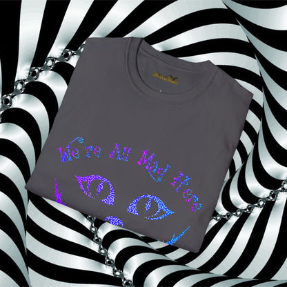 "We're All Mad Here" (Purple/Blue) Cheshire Cat Design - Unisex Softstyle T-Shirt